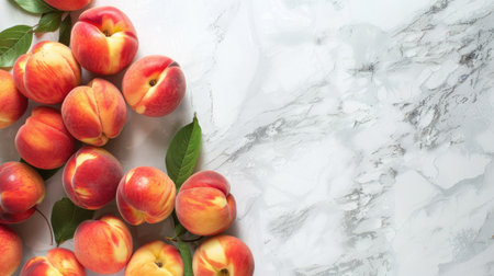 ripe peaches and vibrant leaves arranged on a table, with ample space for text in the foreground, inviting viewers to savor the essence of summer's bountyの素材