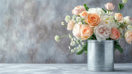 peach and cream-colored roses, ranunculus, and snapdragons artfully arranged in a sleek silver cylindrical vase, set against a sophisticated light gray concrete backgroundの素材