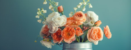 peach and cream-colored roses, ranunculus, and snapdragons artfully arranged in a sleek silver cylindrical vase, set against a sophisticated light gray concrete backgroundの素材