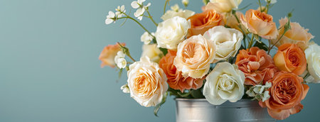 peach and cream-colored roses, ranunculus, and snapdragons artfully arranged in a sleek silver cylindrical vase, set against a sophisticated light gray concrete backgroundの素材