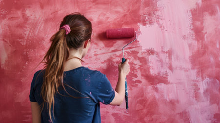woman painting a wall with a roller brush dipped in deep pink paint, her navy shirt and ponytail hair tie contrasting against the canvas backdrop, in a focused behind-the-scenes perspectiveの素材