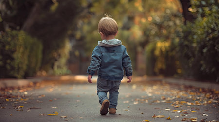 medium shot portrait photography showcases a child boy strolling through a spontaneous setting, the image taken from behind to emphasize the journey aheadの素材