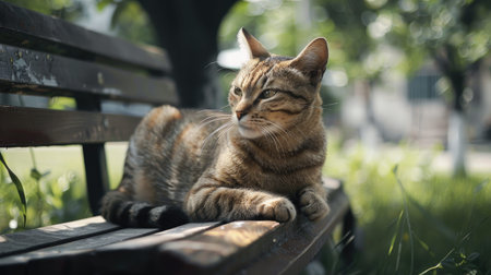 a cat perched upon a bench, basking in the sunlight with an air of serene contentmentの素材