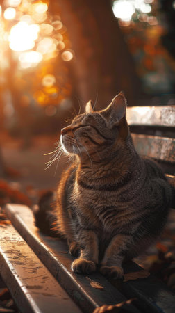 a cat perched upon a bench, basking in the sunlight with an air of serene contentmentの素材