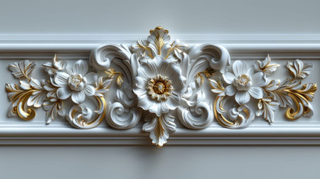 a rich golden baroque ornament delicately engraved on a pristine white background. The intricate details and lavish curves of the design exude opulence and sophistication.の素材
