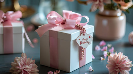 a small white gift box adorned with a delicate pink ribbon and a tag wishing Happy Birthday, beautifully presented on a table, perfect for celebrating special occasionsの素材