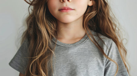 a 5-year-old girl, radiating beauty and joy in a gray t-shirt mockup that fully embraces her petite frame, her long hair cascading in waves of innocence and wonderの素材