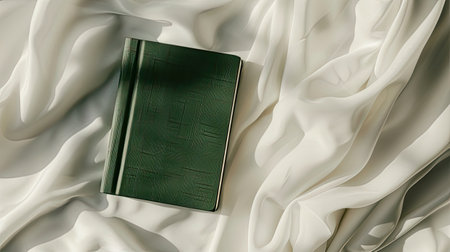 an emerald-covered diary set against a luxurious white cream silk background, exuding sophistication and styleの素材