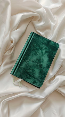 an emerald-covered diary set against a luxurious white cream silk background, exuding sophistication and styleの素材