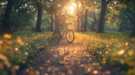 a bike ride as you gaze through the eyes of a cyclist, with bicycle handlebars framing the picturesque bike path meandering through a sunlit summer parkの素材
