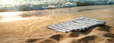 a sunny day at the beach, where a striped towel lies elegantly amidst golden sands, capturing the essence of relaxation and serenity with an aesthetic touchの素材