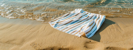 a sunny day at the beach, where a striped towel lies elegantly amidst golden sands, capturing the essence of relaxation and serenity with an aesthetic touchの素材