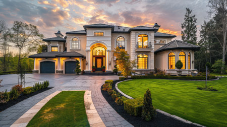 an opulent residence facade, boasting a vibrant lawn and a decorative pathway leading to a grand porch entrance, setting the stage for an extravagant lifestyleの素材