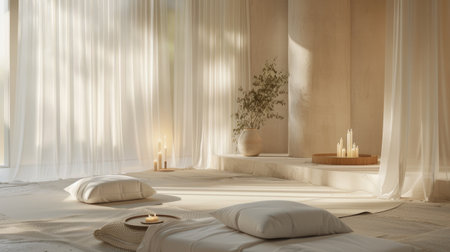 a meditation space, featuring floor cushions, with candles and incense, and sheer curtains gently diffusing sunlight, enveloping visitors in a soft, tranquil atmosphere conducive to reflection and hopeの素材