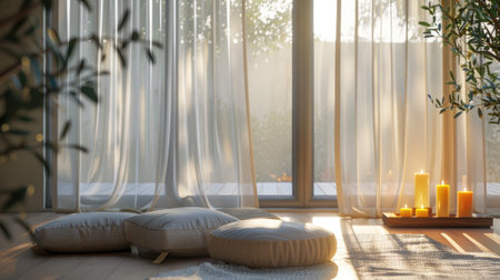 a meditation space, featuring floor cushions, with candles and incense, and sheer curtains gently diffusing sunlight, enveloping visitors in a soft, tranquil atmosphere conducive to reflection and hopeの素材