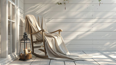 a new white porch bathed in golden sunlight, adorned with a solitary rocking chair and a gently swaying lantern, inviting viewers to pause and imagine the cozy comforts awaiting insideの素材