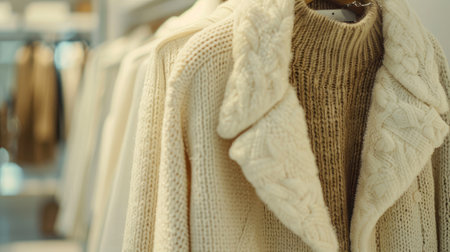 A sophisticated display of a white-beige coat and sweater on hangers in a high-end fashion store. These classic pieces showcase timeless elegance in women's fashionの素材