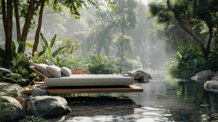 a daybed chill-out area into a minimalist haven nestled amidst a dreamy jungle riverside, with natural stone accents and an atmosphere exuding tranquil relaxationの素材