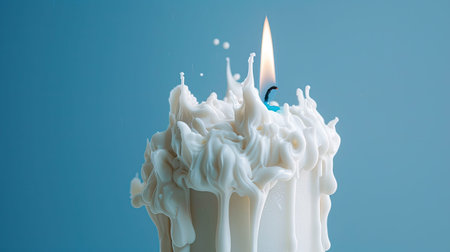 clay-style white dripping candle, featuring a mesmerizing blue flame, with dripping wax adorning the bottom of its base against a vivid blue background, creating a captivating visual spectacleの素材
