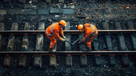 two male railway workers, clad in fluorescent orange workwear, as they perform mechanical actions on railway tracks under a high-saturation industrial style settingの素材