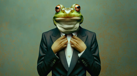 Pepe the Frogs adorned in sleek suits, blending their distinctive froggy features with a touch of formal eleganceの素材