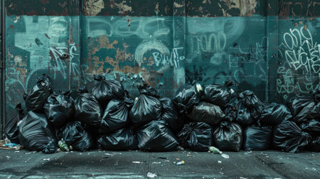 full black plastic garbage bags strewn across a street viewの素材
