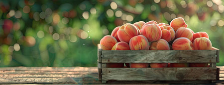 ripe peaches arranged in a wooden crate on a garden table, embodying the essence of summer's fruitfulness in a vibrant close-upの素材