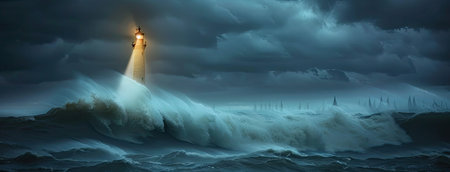 a storm at sea as waves crash against the rocky shore, with a lone lighthouse standing tall amidst the chaosの素材