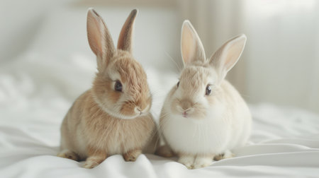 two playful bunnies frolicking on a cozy bed, a light brown, coat while sports white fur with delightful pink ears. Utilize soft pastel colors and evoke a charming cottagecore aestheticの素材