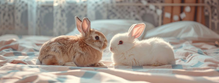 two playful bunnies frolicking on a cozy bed, a light brown, coat while sports white fur with delightful pink ears. Utilize soft pastel colors and evoke a charming cottagecore aestheticの素材