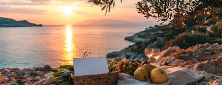 a Mediterranean summer picnic with a stunning photograph showcasing a straw bag adorned with pita bread, olive oil, and a white card, nestled on the rocky shores of an island under the warm sunの素材