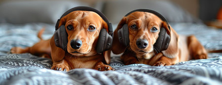 two dachshund dogs, each sporting headphones, snuggled on a white bed, presenting a delightful and humorous moment ideal for animal photographyの素材