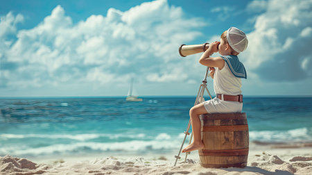 a little boy in a sailor suit sits on a barrel at the beach, gazing through a telescope towards the vast expanse of the sea, with a backdrop of crashing waves and endless horizonsの素材