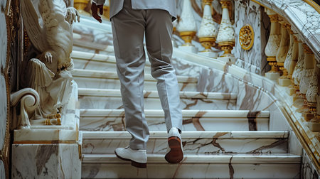 a man's leg gracefully ascending a luxurious marble staircase, adorned in gray suit pantsの素材