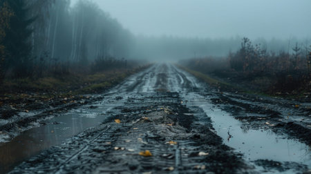 a muddy road adorned with tire tracks, leaves, and puddles, set against a foggy backdrop with a dark gray sky and distant forest, evoking a sense of mystery and solitude in the spring seasonの素材