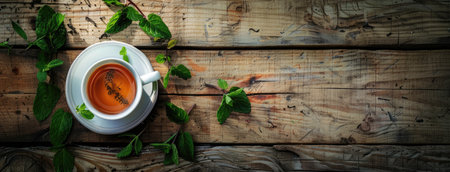 a tea ceremony as you photograph a delicate porcelain tea cup surrounded by aromatic mint leaves on a natural wooden tableの素材