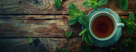 a tea ceremony as you photograph a delicate porcelain tea cup surrounded by aromatic mint leaves on a natural wooden tableの素材