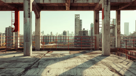 urban landscapes with ultra-high definition photography capturing the intricate details of unfinished buildings against the backdrop of the city skylineの素材