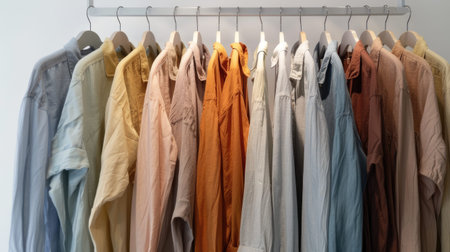 a collection of linen shirts elegantly displayed on hangers in a light-filled store, featuring calming shades such as natural, terracotta, peach, blue, gray, light blue, burgundy, and sandの素材