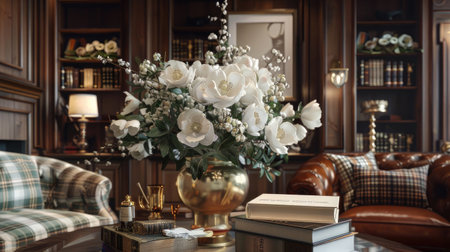 a stunning white floral arrangement adorning a modern luxury man cave, accentuated by bright, alongside touches of books and brass for added sophisticationの素材
