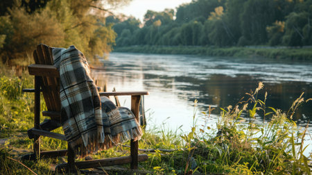 sunny weather as you immerse yourself in the tranquil beauty of Russian nature by the river, with a wooden chair adorned with a cozy blanket inviting you to relax and unwindの素材