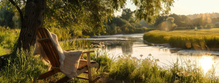 sunny weather as you immerse yourself in the tranquil beauty of Russian nature by the river, with a wooden chair adorned with a cozy blanket inviting you to relax and unwindの素材