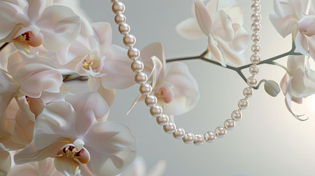 a white pearl necklace suspended above a delicate bouquet of light-colored flowers against a pristine, light-colored backdrop, ensuring high-definition imagery that enchants the viewerの素材