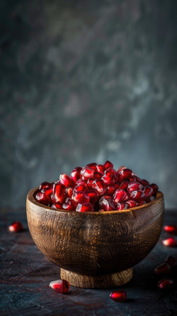 pomegranate seeds nestled within a rustic wooden bowl against a dark background, leaving ample space for text or other elementsの素材