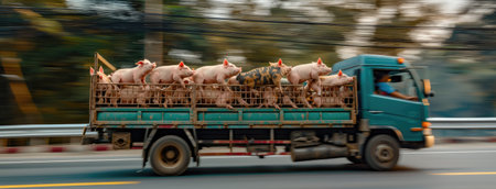 a truck adorned with piggy cages traversing an asphalt road, transporting pigs in car-style compartments during the morning hoursの素材