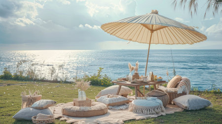 a boho picnic setup on lush grass near the ocean, featuring a cozy table set for two and a charming umbrella casting shade overhead, evoking a tranquil atmosphere ideal for seaside relaxationの素材