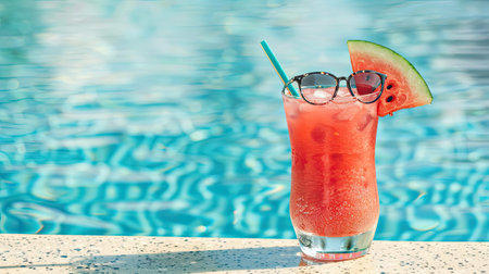 a refreshing summer vacation with a watermelon cocktail placed by the edge of a swimming pool, adorned with sunglasses and a hatの素材