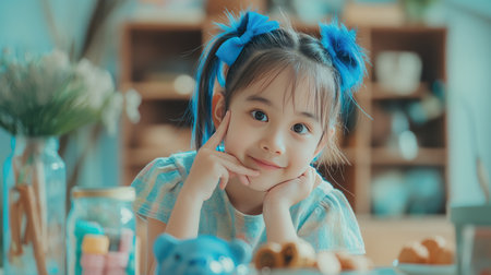 A child sits at a wooden table with a piggy bank, touching its nose and cheeks. The comforting fawn skin toy lies on the floor nearbyの素材