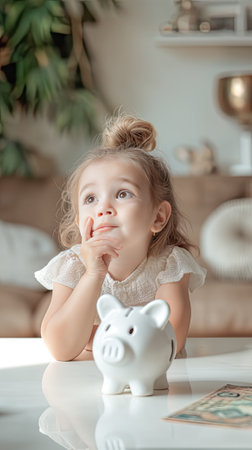 A child sits at a wooden table with a piggy bank, touching its nose and cheeks. The comforting fawn skin toy lies on the floor nearbyの素材