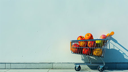 A shopping cart filled with natural foods like fruits and vegetables sits on a white background. The colorful produce adds a pop of color to the sceneの素材
